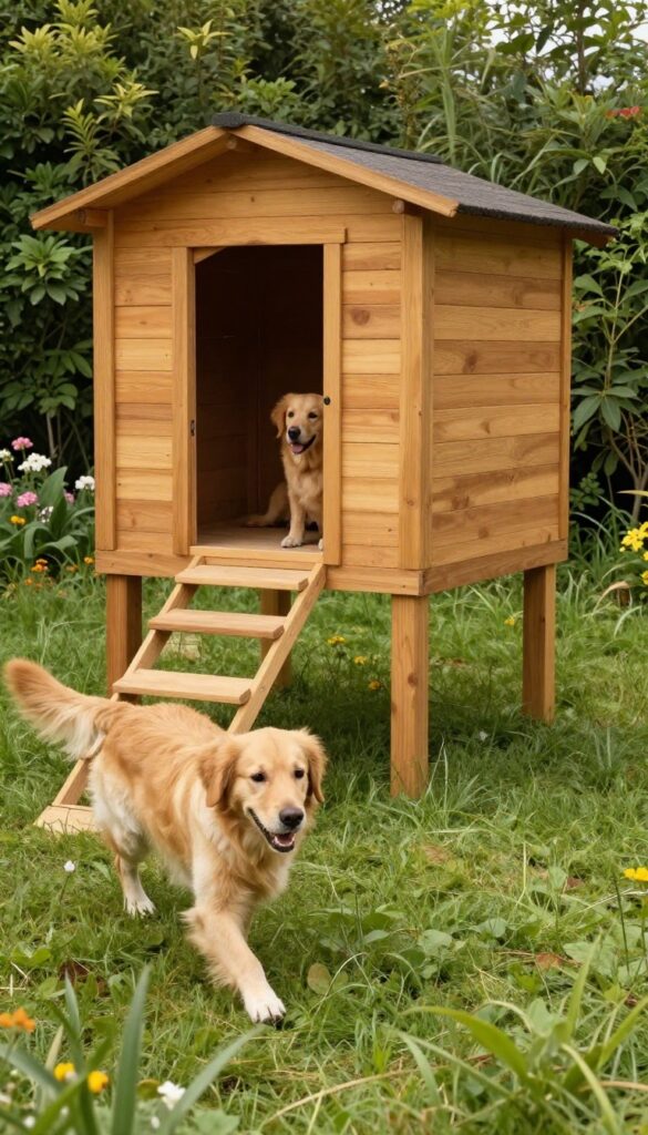 Elevated wooden dog house with ramp in sunny backyard, golden retriever walking up ramp