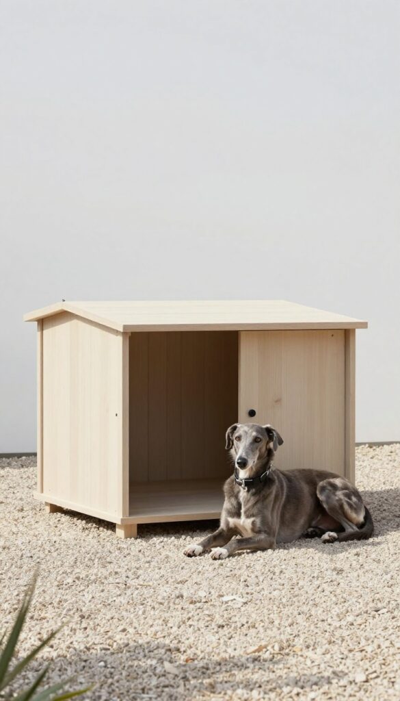 Modern minimalist dog house in contemporary yard with neutral tones and clean lines