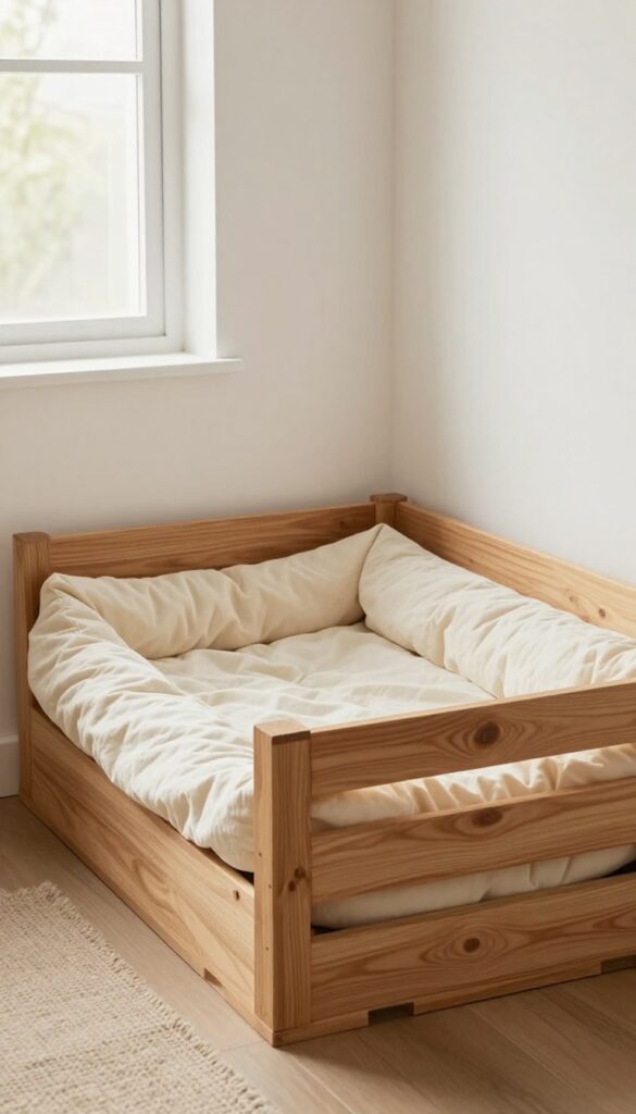 Cozy crate nook with soft bed and crate cover in a bright home