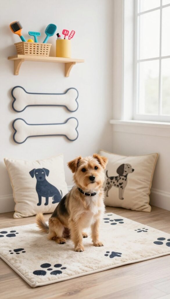 A photorealistic scene of a dog grooming area with personalized decor matching the dog's personality, featuring themed items like paw-print rugs and breed-specific accents in bright natural light.
