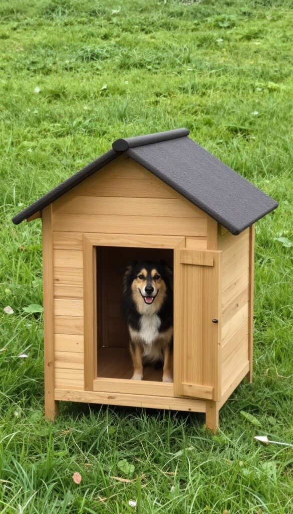 Insulated outdoor dog house with a dog peeking out from the flap door, placed under a house eave