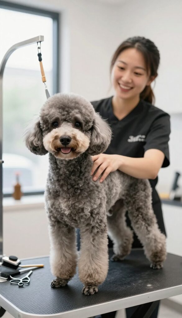 A groomer attentively caring for a well-groomed Poodle in a sunlit salon, highlighting the extra effort in dog grooming that merits appreciation.