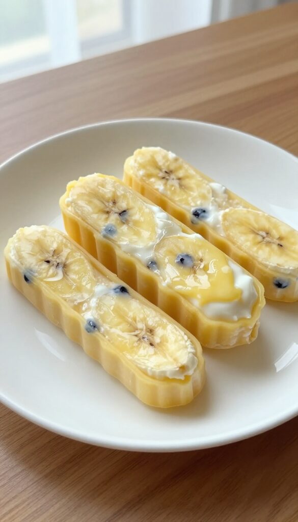 Homemade frozen banana yogurt pops for dogs, served on a plain plate, with a creamy texture and blueberries, in bright natural light.