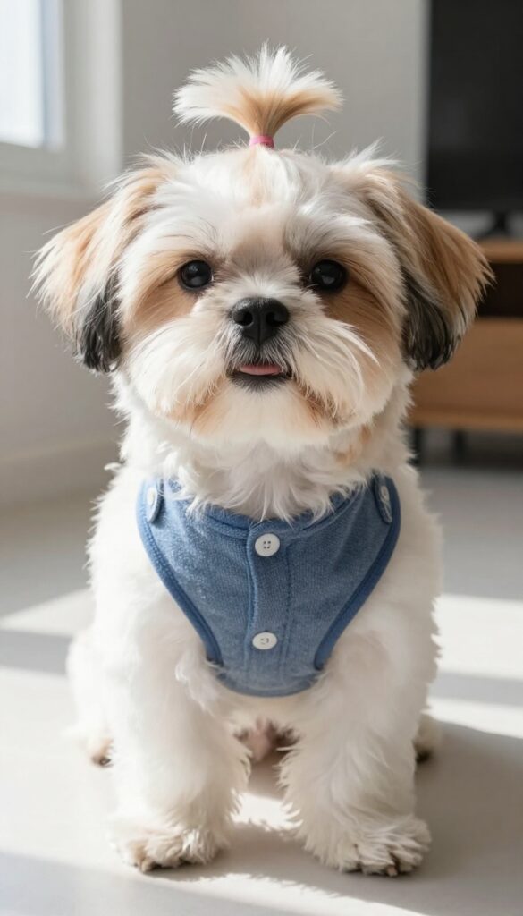 A small dog with a soft topknot tied above its eyes to keep hair out of the way, demonstrating an elegant and easy Japanese grooming style in natural light.