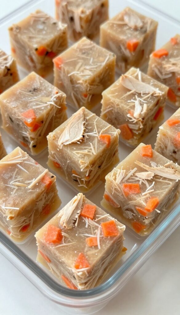 Close-up of frozen chicken and carrot cubes in ice cube trays for homemade dog treats, showing shredded chicken and carrots in broth, on a plain white surface under natural light.
