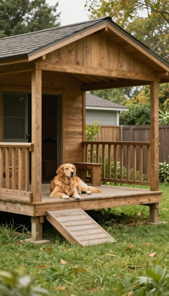 Elevated dog house with wraparound porch in sunny backyard