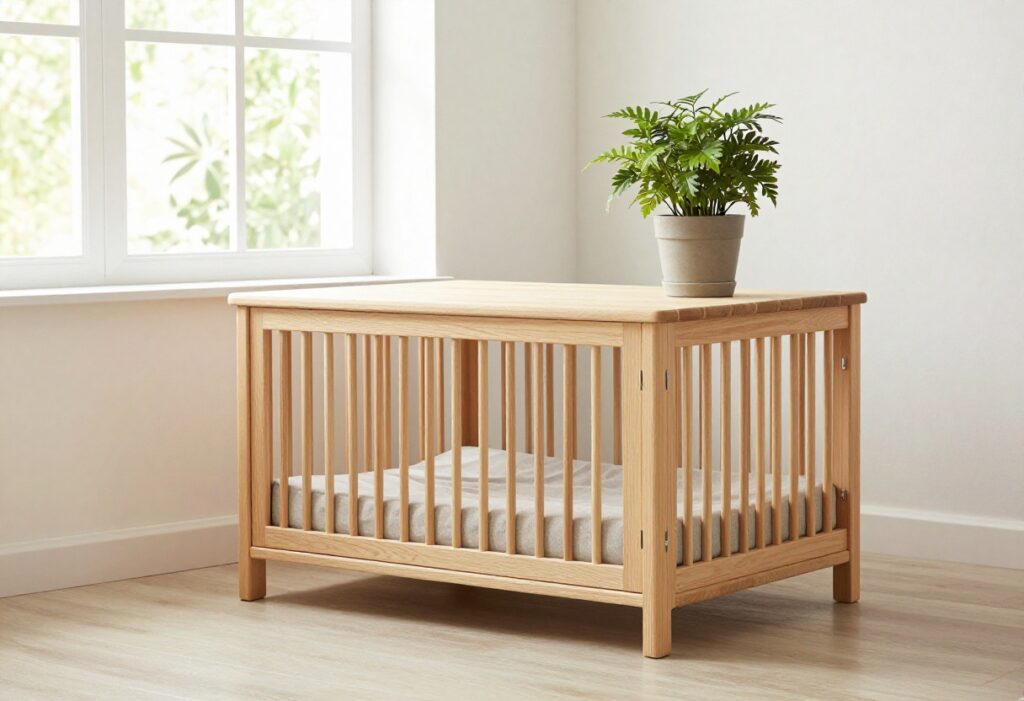 Modern wooden dog crate used as a side table in a bright living room