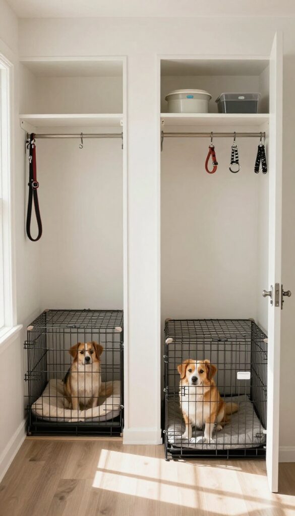 Multi-dog closet with two crates, baby gate, and organized supplies