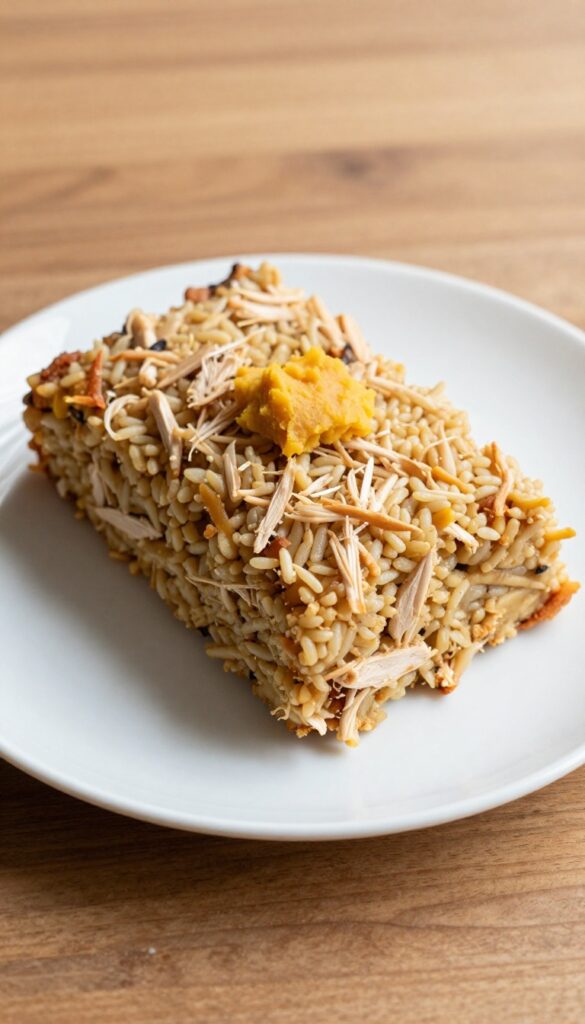 A sliceable chicken and rice savory dog cake on a plain plate, topped with mashed sweet potato, in bright natural light for a homemade dog treat blog.