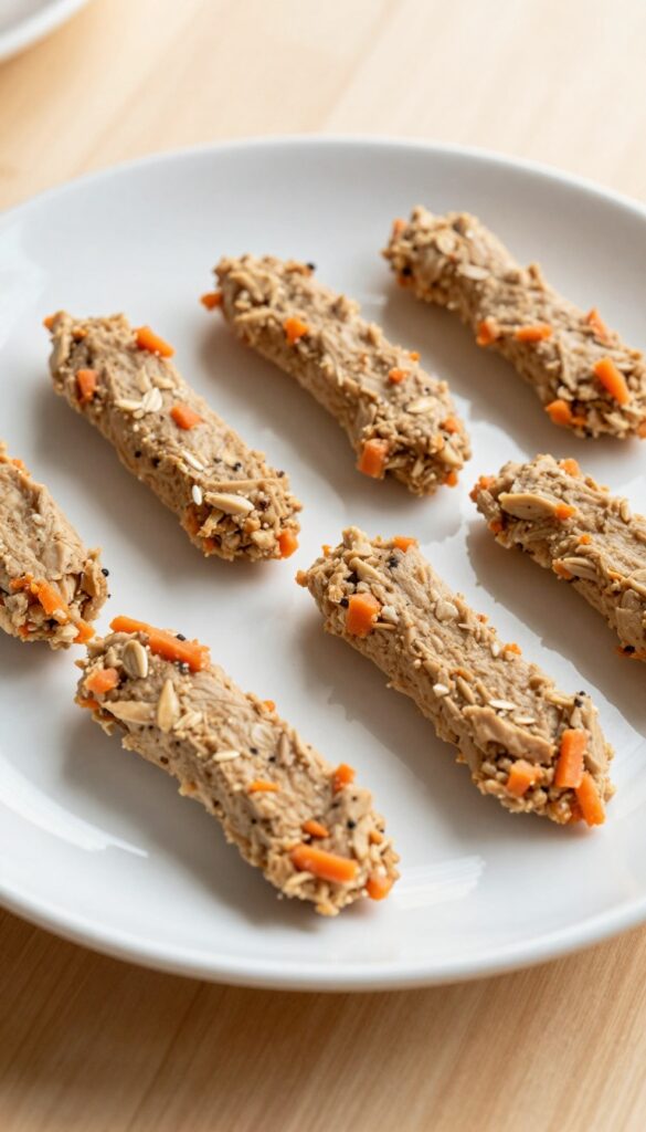 Homemade turkey carrot soft chews for dogs, showing soft, bendy strips on a plain plate, made with ground turkey, grated carrot, and oat flour, in a clean, natural light setting.