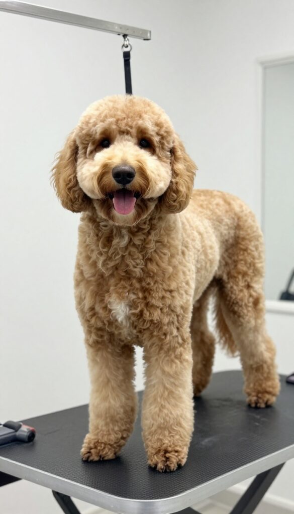 A Goldendoodle with a short kennel cut standing on a non-slip mat in a bright grooming area, illustrating low-effort grooming for active dogs.
