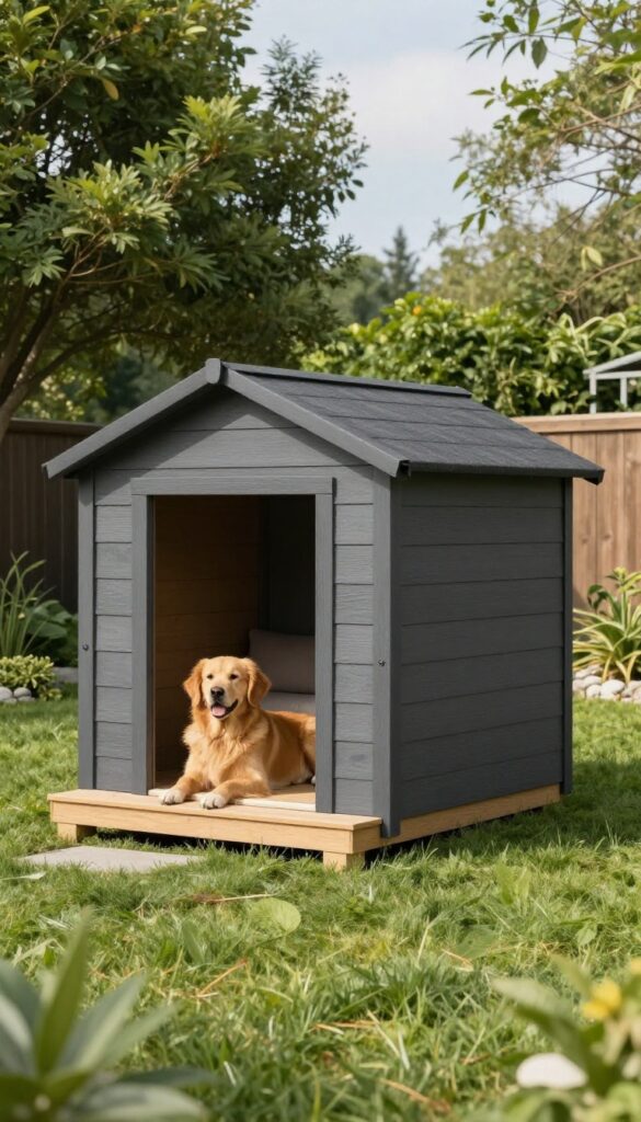 Modern shed-style dog house with slanted roof and porch, featuring a Golden Retriever lounging outside in a sunny backyard.