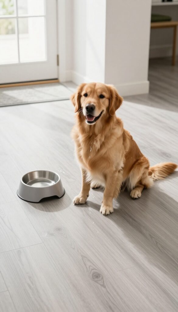 Golden retriever sitting on water-resistant vinyl flooring in a bright entryway with a water bowl nearby.