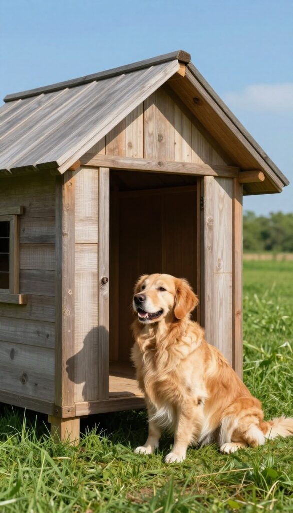 Dog house with removable roof lifted off for easy cleaning, golden retriever nearby.