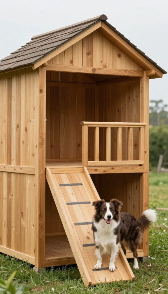 Two-story wooden dog house with ramp in a sunny rustic backyard, a Border Collie climbing the ramp