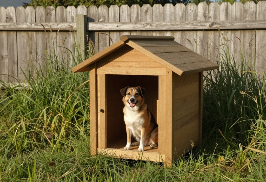 A sturdy wooden dog house in a grassy backyard with a dog sitting in front, designed for windy conditions.