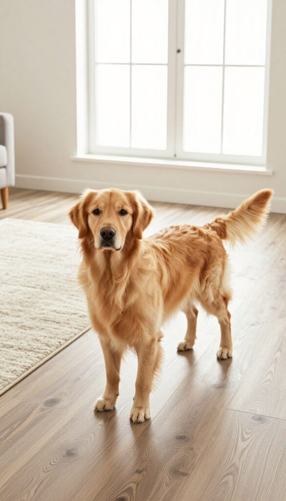 Golden retriever standing on slip-resistant luxury vinyl plank flooring with an area rug in a bright living room.