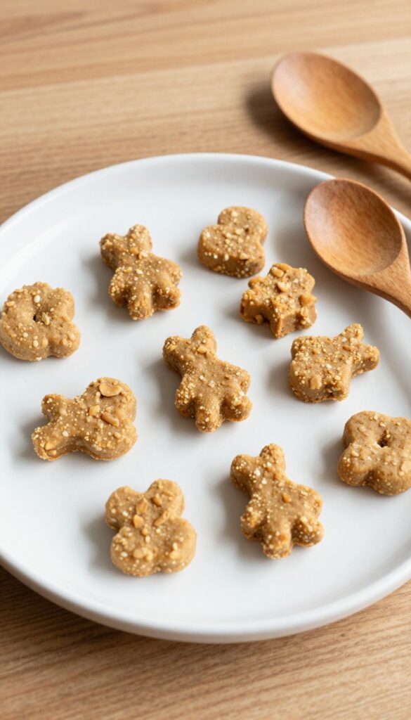 Homemade peanut butter oat crunch bites for dogs, arranged on a plain plate with a wooden spoon, showcasing firm, golden-brown training treats in natural light.