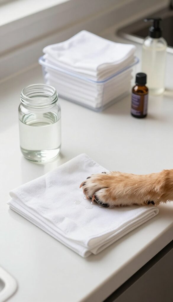 A homemade natural paw wipe setup for dogs on a kitchen counter, featuring clean cotton cloths, a jar of solution, and essential oils for gentle post-walk cleanup.