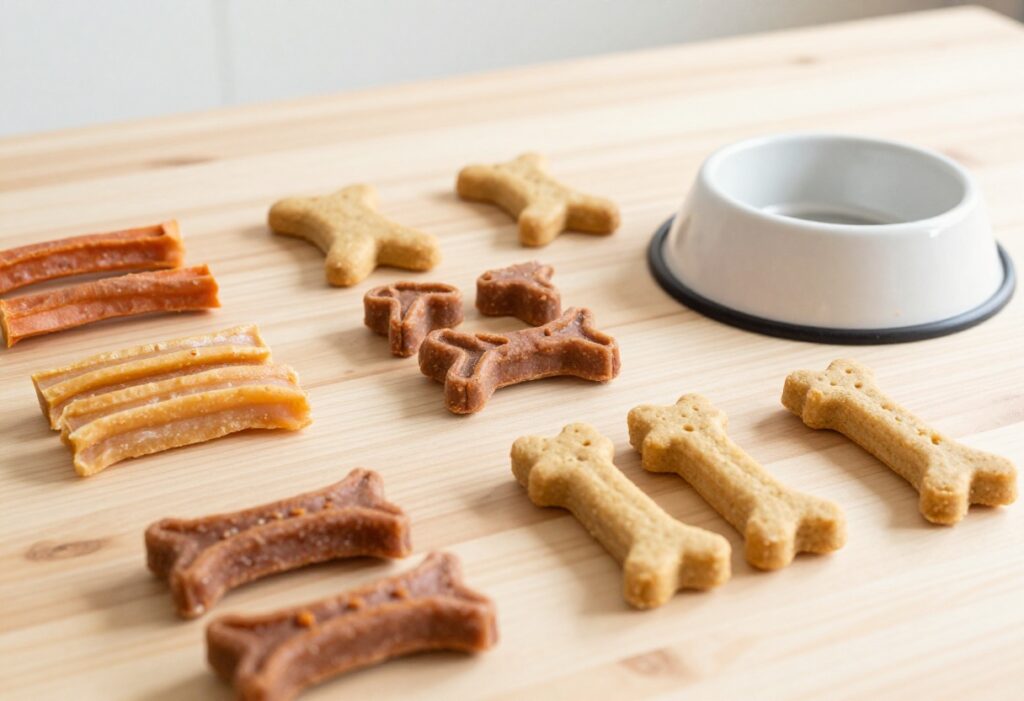 A selection of homemade hypoallergenic dog treats, including sweet potato strips and biscuits, displayed on a wooden surface for a dog recipe blog article.