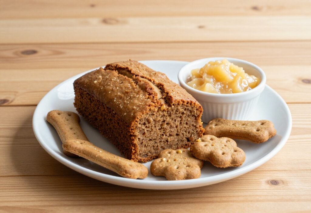 A homemade dog cake with peanut butter and banana, surrounded by plain dog biscuits and applesauce, on a clean wooden surface for a dog treat blog.