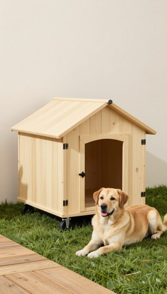 Portable dog house on wheels in a sunny backyard with a dog resting nearby