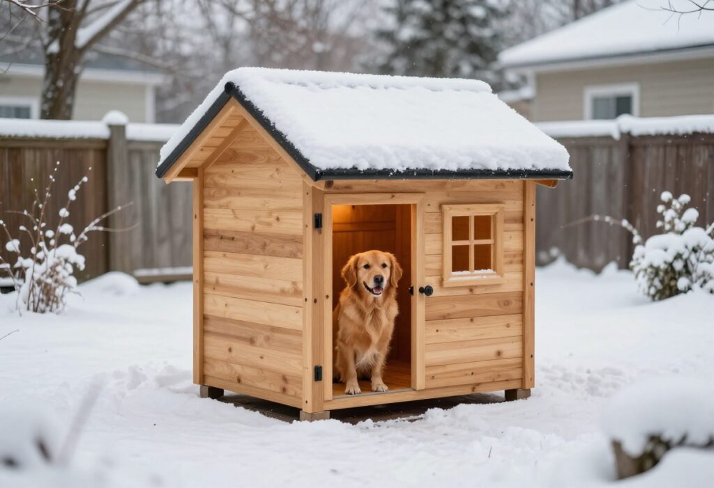 Insulated wooden dog house in snow with golden retriever peeking out