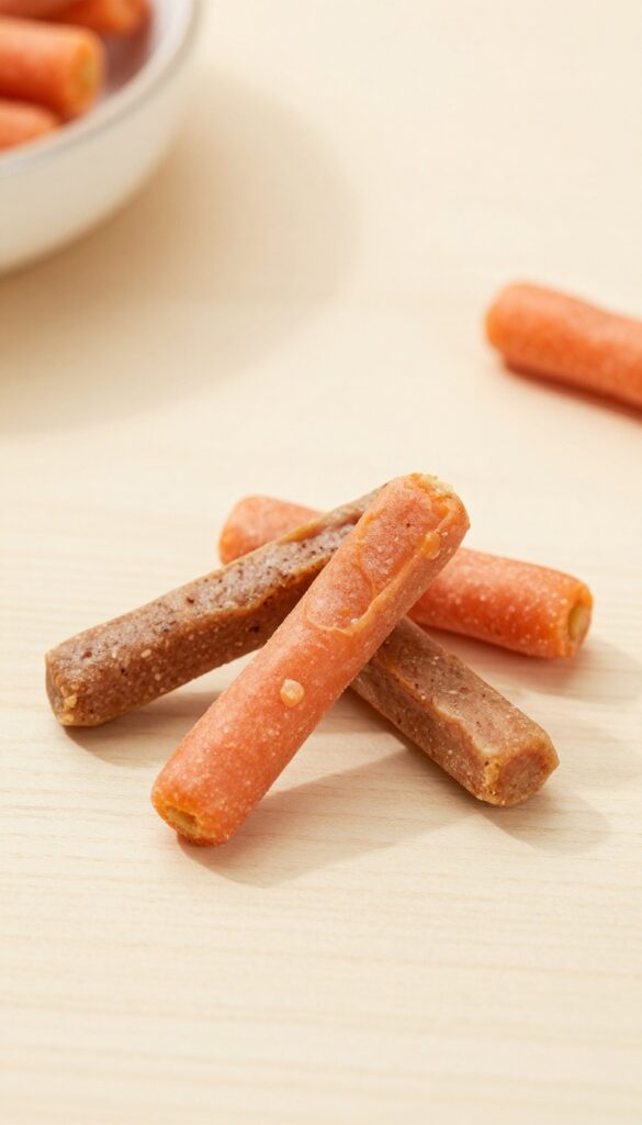 Homemade soft beef and carrot dog training treats on a plain wooden surface, perfect for puppies and seniors.