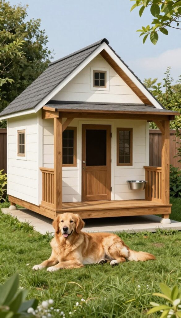 Classic gable roof dog house with front porch in backyard