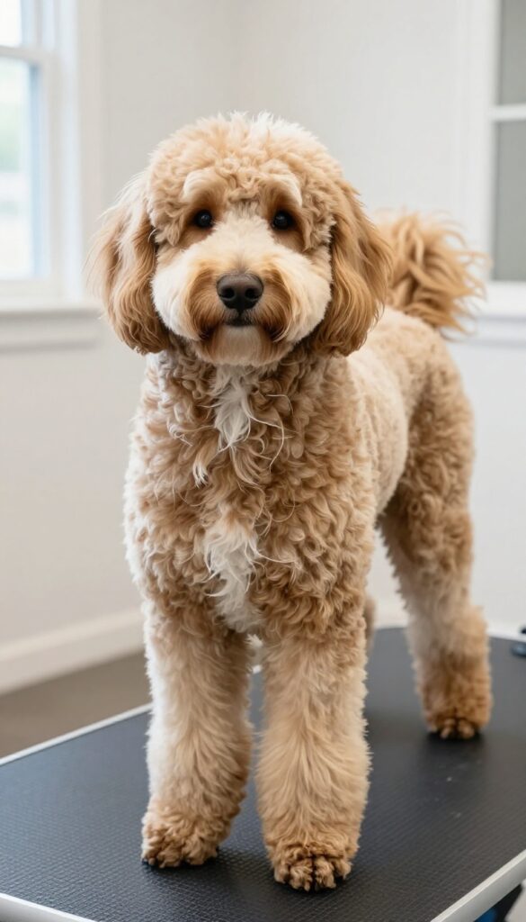 A Goldendoodle with a layered feathering trim in bright natural light, demonstrating a soft and elegant haircut that reduces coat bulk for easier grooming.