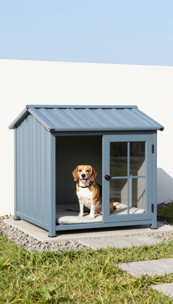Powder-coated aluminum dog house with Beagle lounging inside in sunny backyard