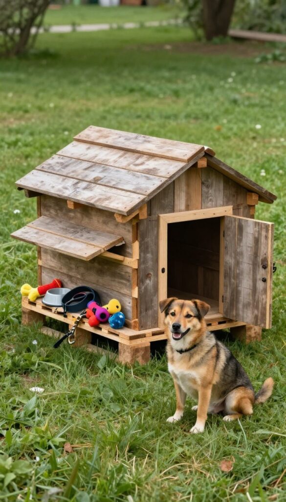 Rustic pallet dog house with built-in storage compartment in sunny backyard
