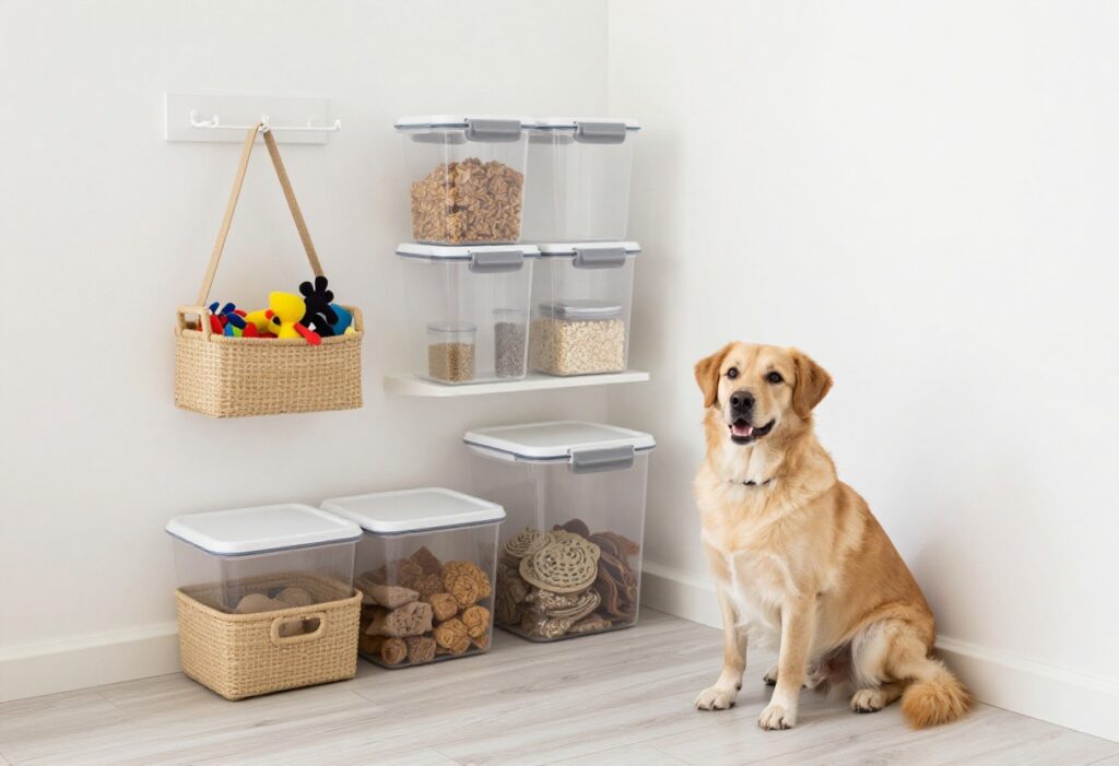 A dog in a tidy home with organized storage solutions including food containers and toy baskets.