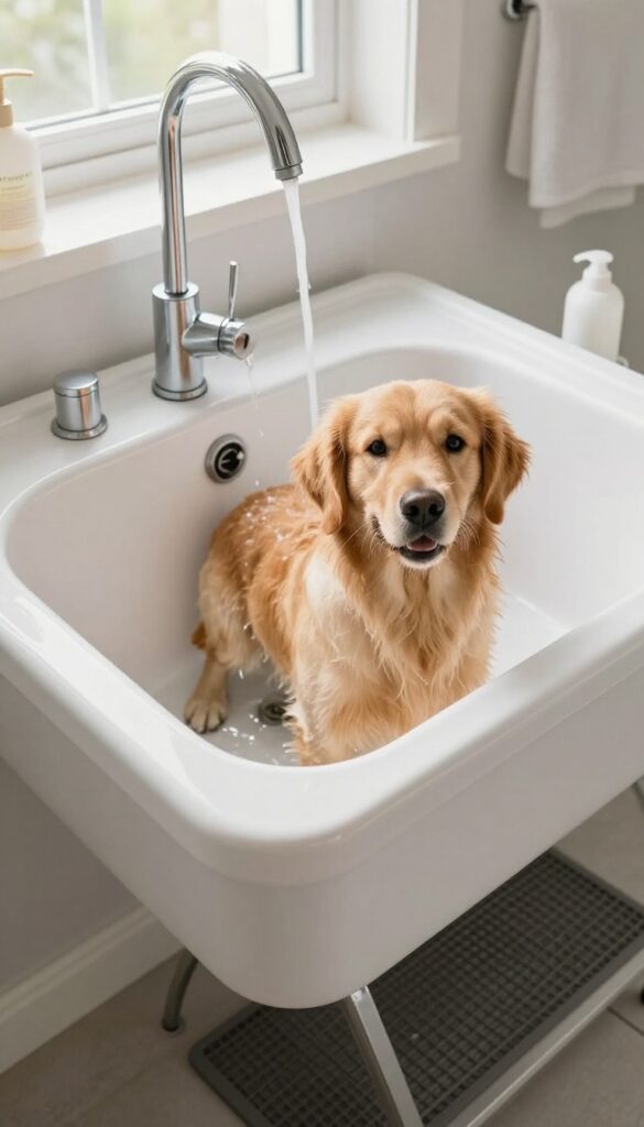 Deep laundry room utility sink with a golden retriever standing inside, ramp and pull-down faucet, dog washing station setup.