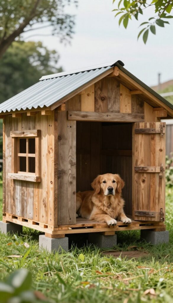 Rustic pallet dog house in backyard with golden retriever