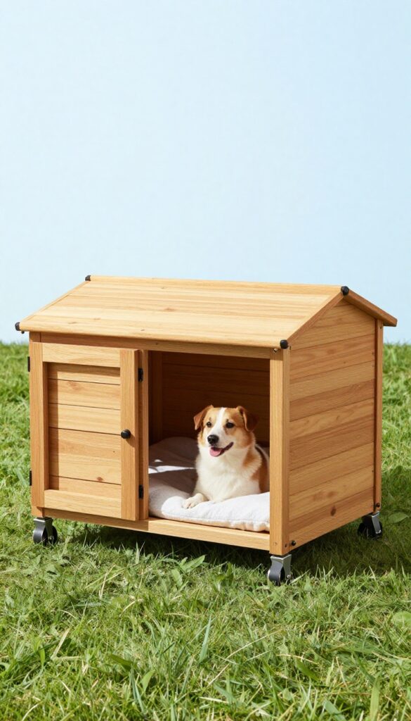 Portable dog house on wheels with ramp on sunny grass