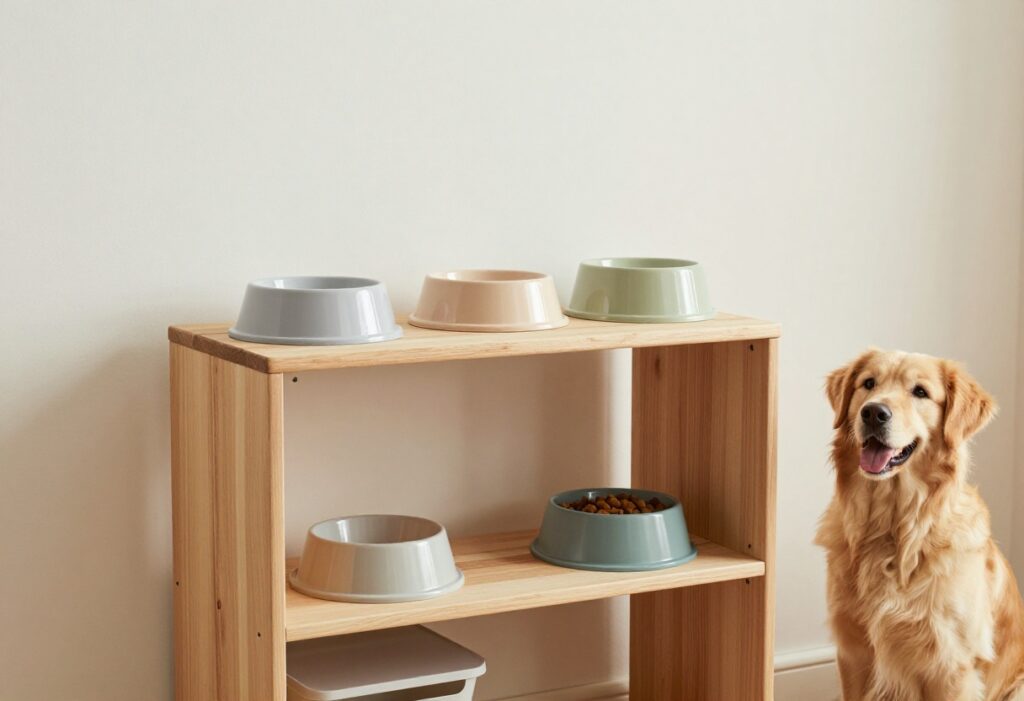 A DIY dog food station with wooden shelves holding dog bowls and storage bins, set in a tidy home with a happy dog looking on.