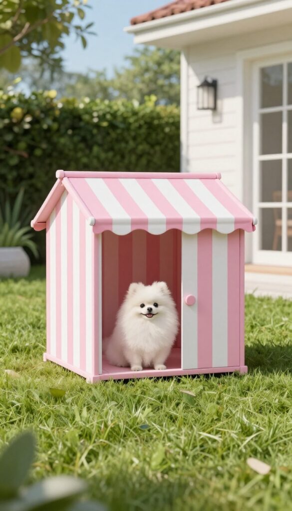 Pink and white striped dog house in sunny yard with small dog lounging
