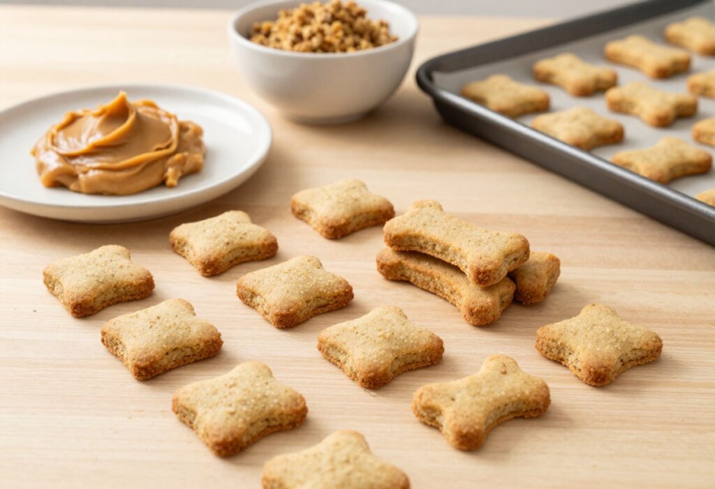 Homemade sourdough discard dog treats with peanut butter and whole wheat flour, arranged on a wooden surface in natural light for a dog recipe blog.