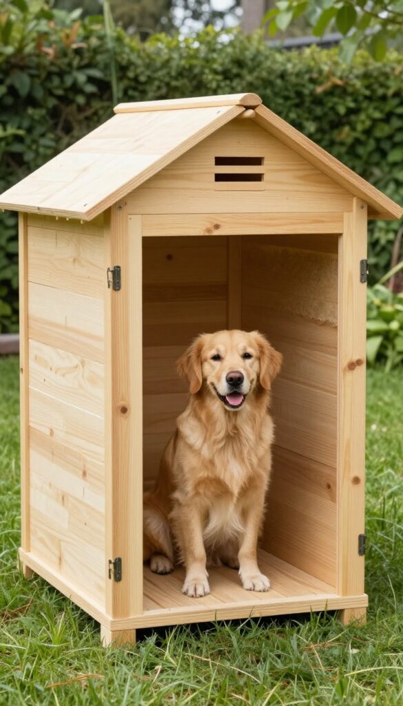 Insulated plywood cabin dog house with raised floor and ventilation grate in a sunny backyard