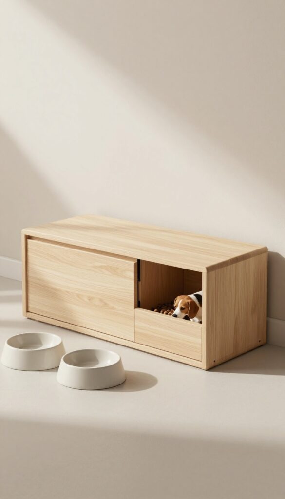 Minimalist dog feeding stand with hidden compartment and ceramic bowls, modern living room setting