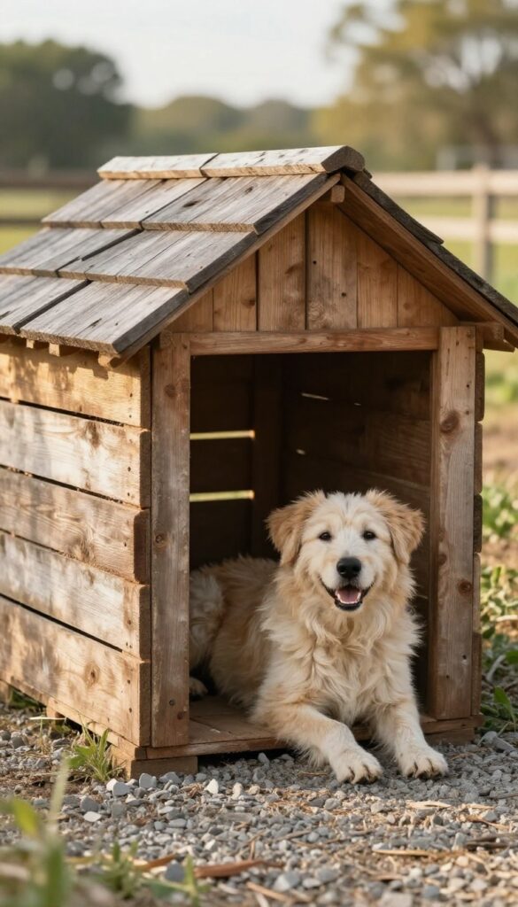 Repurposed wooden crate dog house in a farm setting with a dog sitting outside.