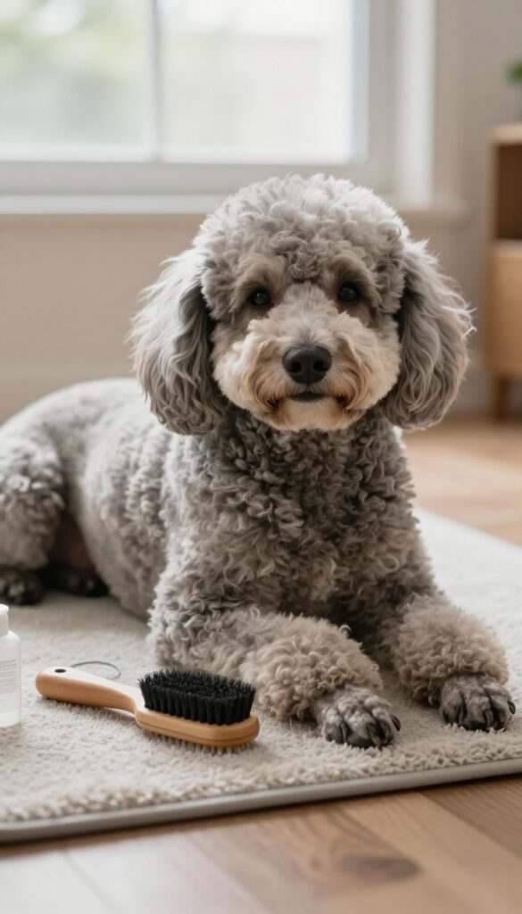 A senior dog resting peacefully during a gentle grooming session in a cozy home setting