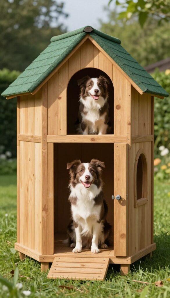 Two-story dog house with ramp and dogs on both levels