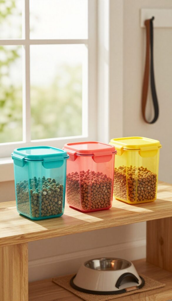 Colorful resin airtight dog food containers on a shelf in a bright mudroom, with dog bowl and leash visible.