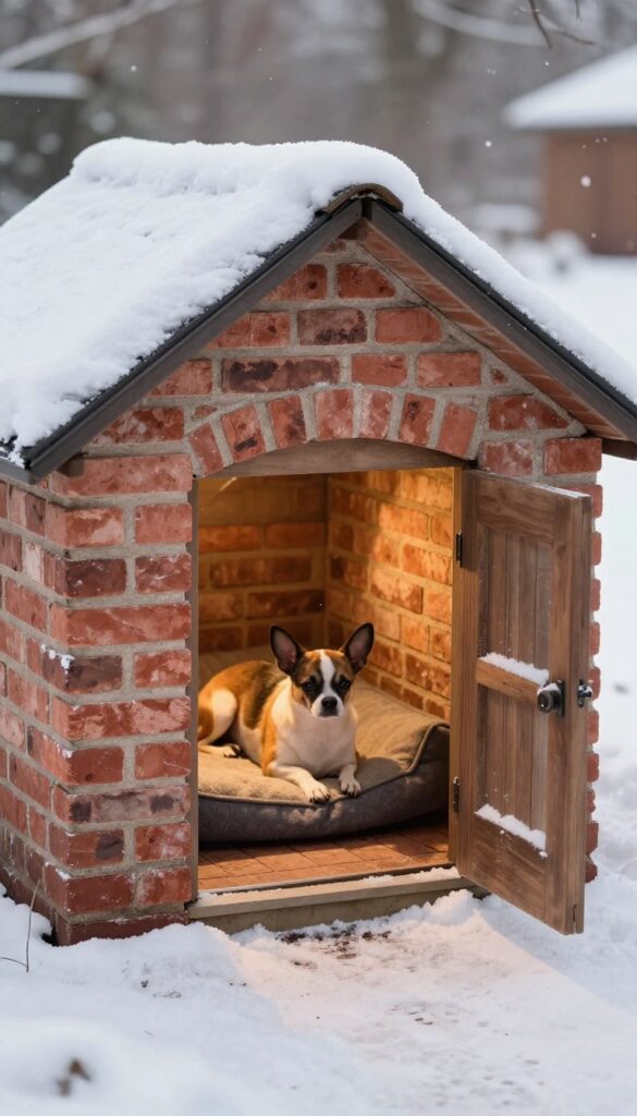 Brick dog house with heated floor in snowy backyard, dog resting inside.