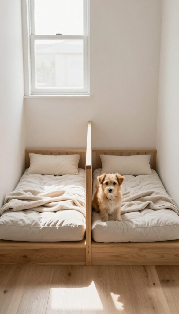Cozy under stairs dog nook with two separate beds divided by a low wooden partition.