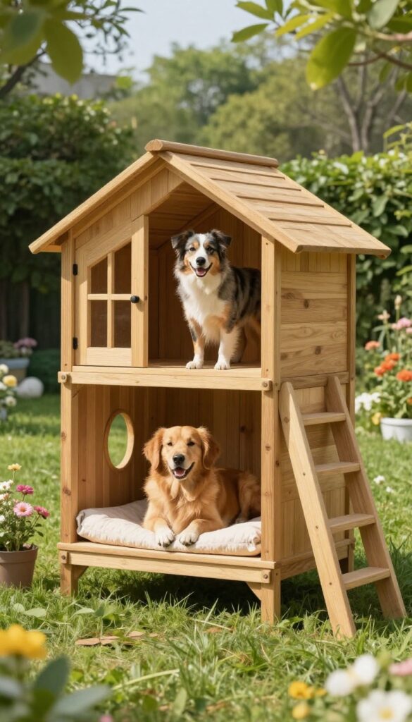 Two-story dog house with one dog on each level in a sunny backyard