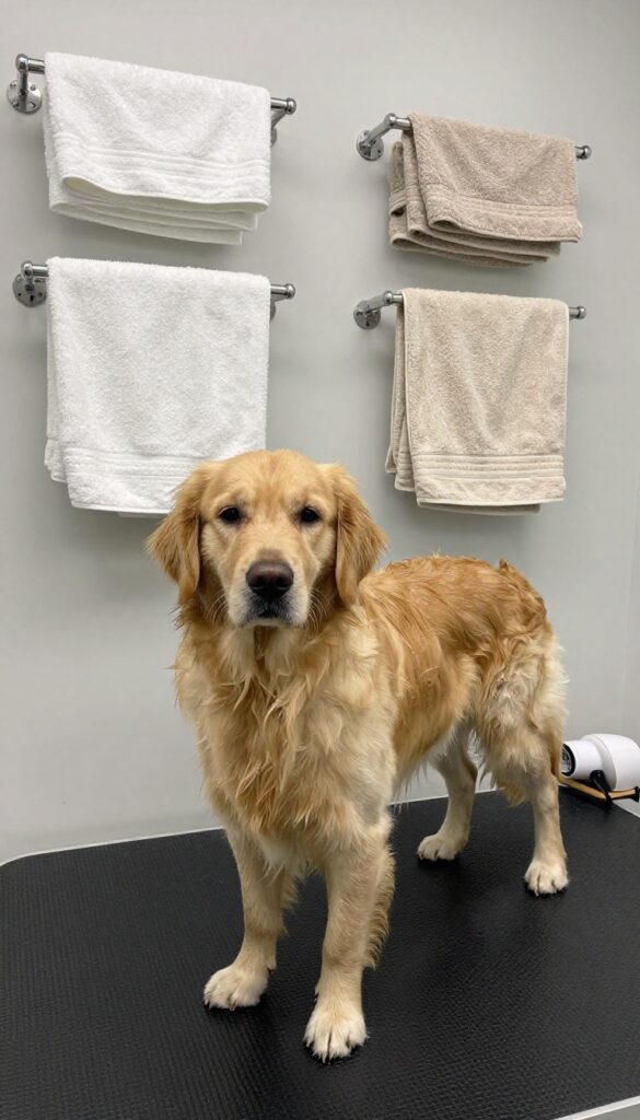 A realistic photo of a dog drying station in a grooming shop setup, featuring a damp Golden Retriever on a non-slip mat with towel racks and a pet dryer in the background.