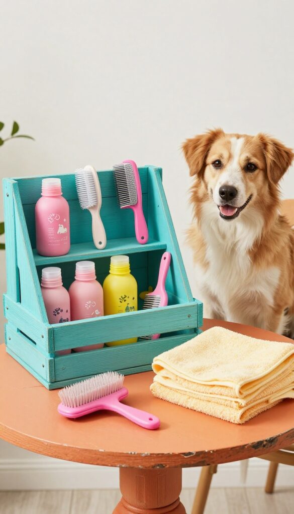 A realistic photo of a dog grooming area with upcycled household items painted in bright colors, including a turquoise crate holding brushes and pink jars for supplies, featuring a calm mixed-breed dog in a clean, naturally lit home setting.